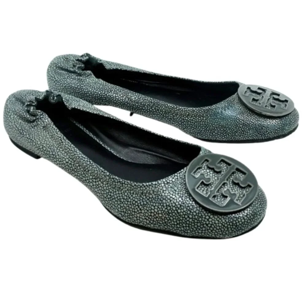 TORY BURCH~Gray Reva Logo~BALLET FLATS~ LEATHER SHOES in GRAY EEL~ SIZE 8.5M